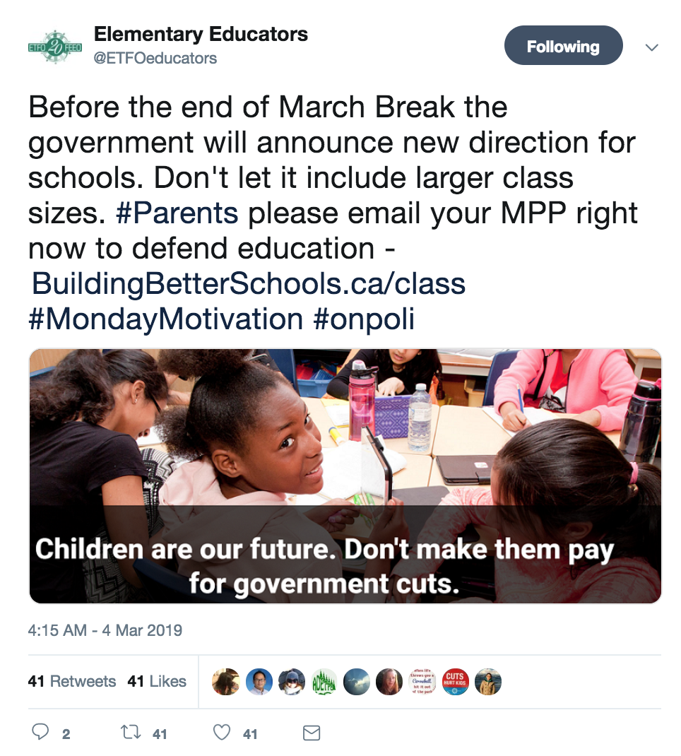 tweet from elementary educators protecting small class sizes