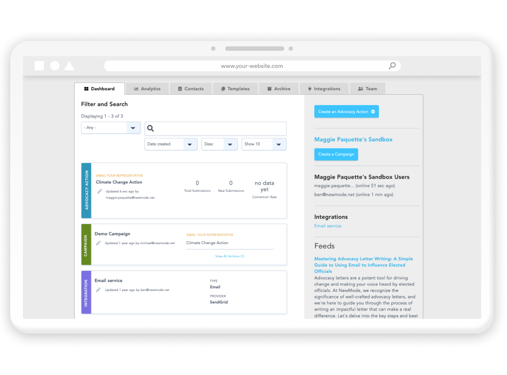 A view of the New/Mode Engage dashboard.