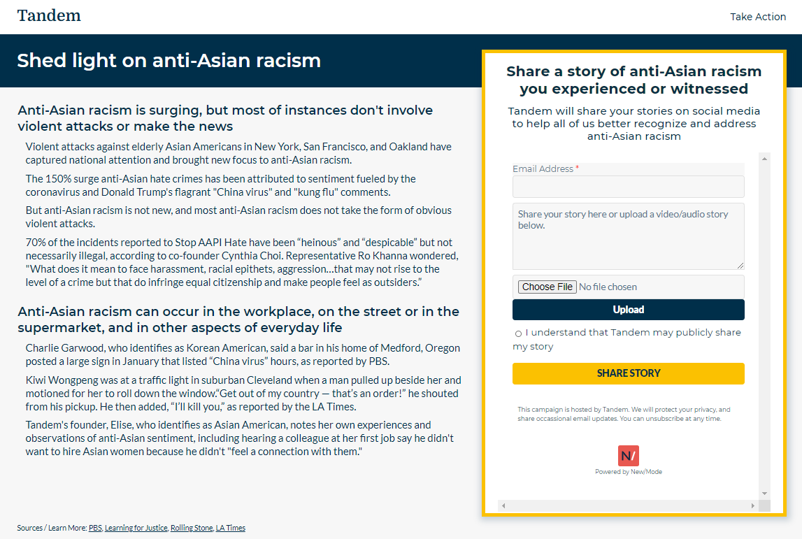 screenshot of tandem's action page